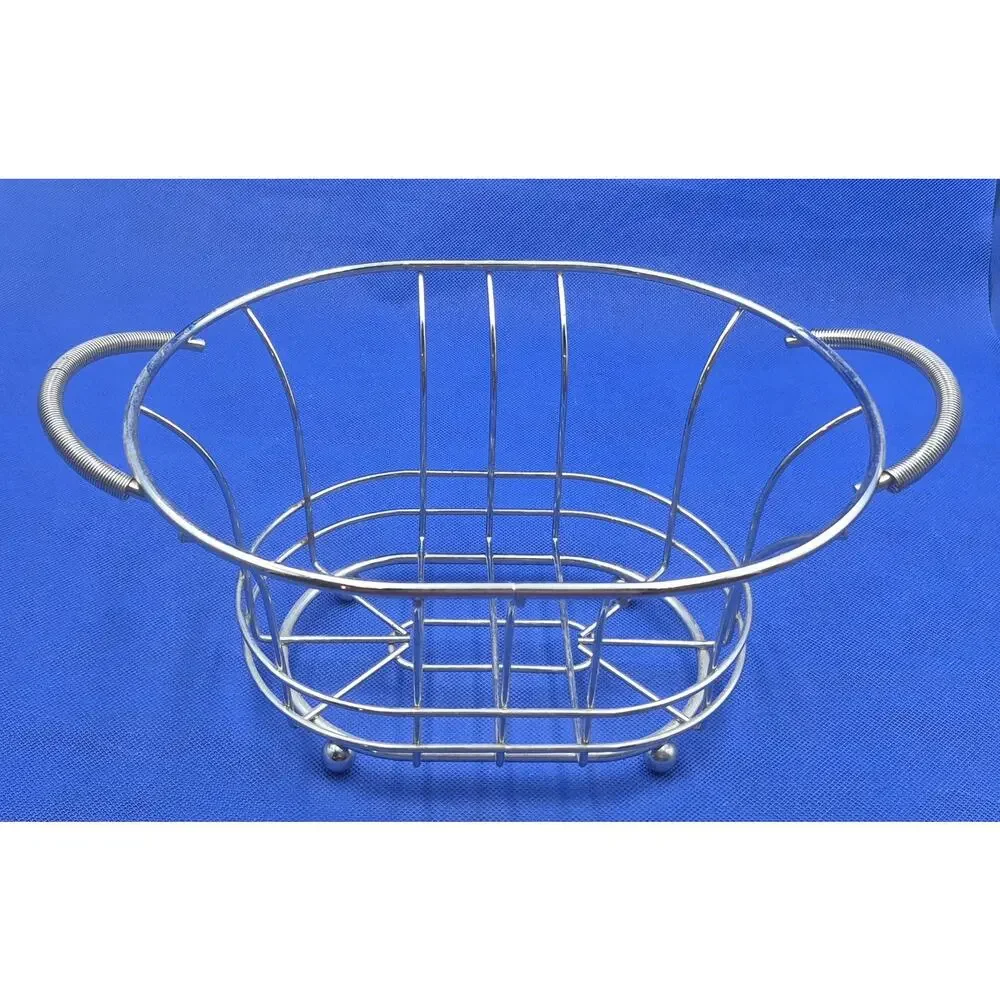 Chrome Oval Fruit Basket Raised Ball Feet Coiled Wire Handles 12x8x5.5